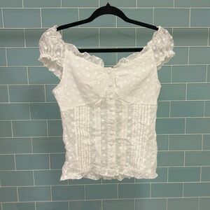White Eyelet Puff Sleeve Button-Front Women's Top